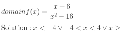 The domain of f(x)=(x+6)/(x^2-16) is x<-4\lor-4<x<4\lor x>4